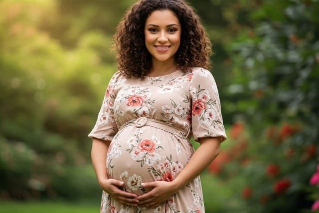 A pregnant woman dressed in a floral maternity dress