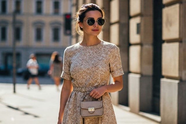 A woman dressed in a classy beige dress