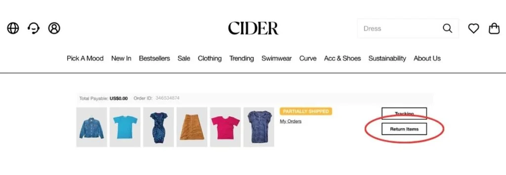 Select the items to return as per Cider Return Policy