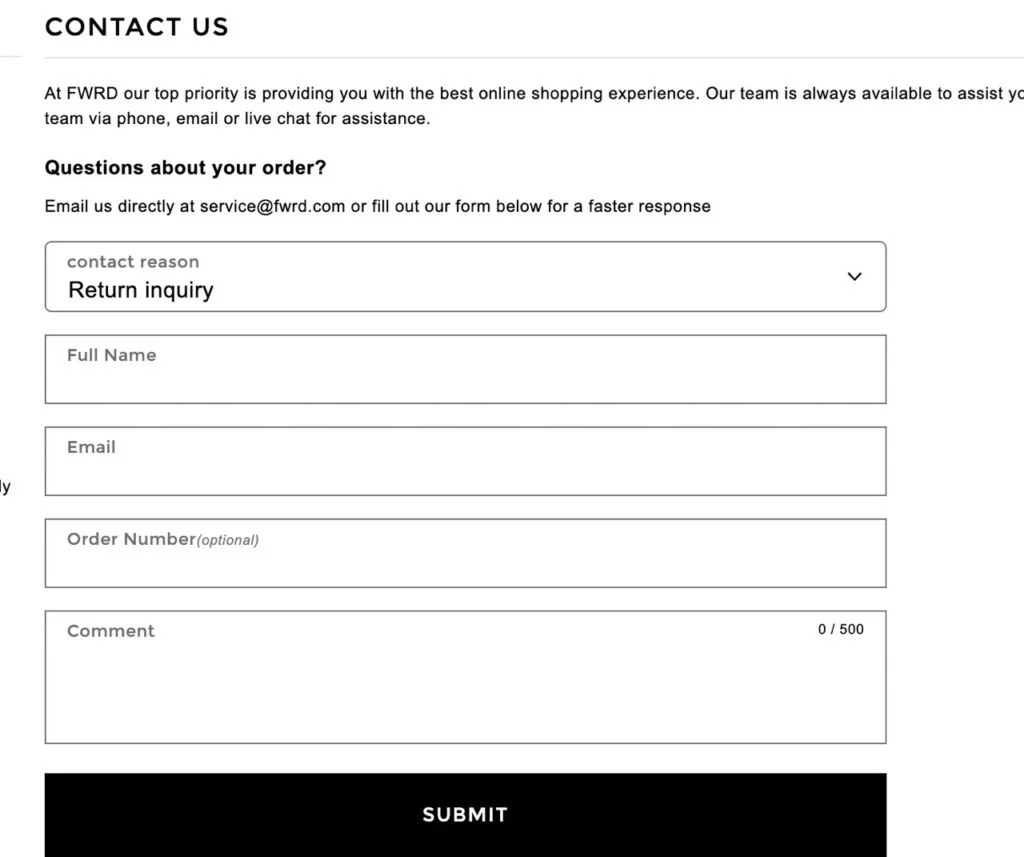 FWRD Customer care contact form
