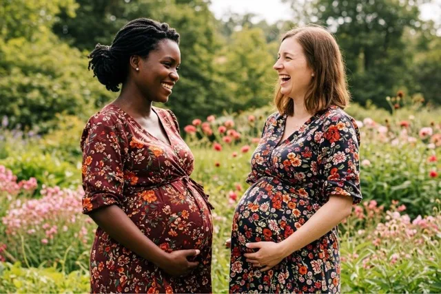 Happy women in vibrant floral maternity dresses