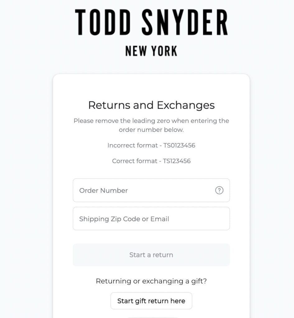 Todd Snyder Return page on their website