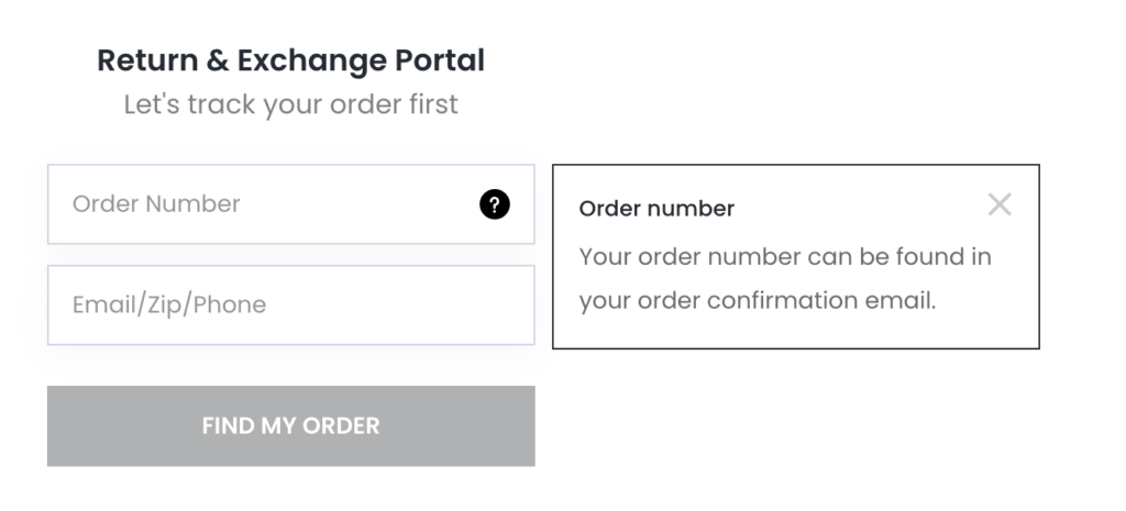 Underoutfit returns form asking for order number and email, zip, phone