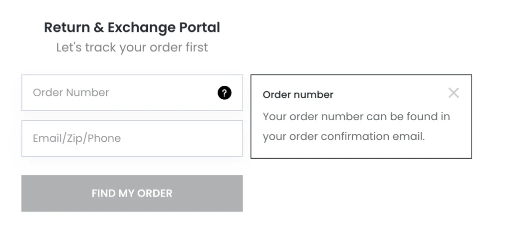 Underoutfit returns portal asking for order number and email, zip, phone