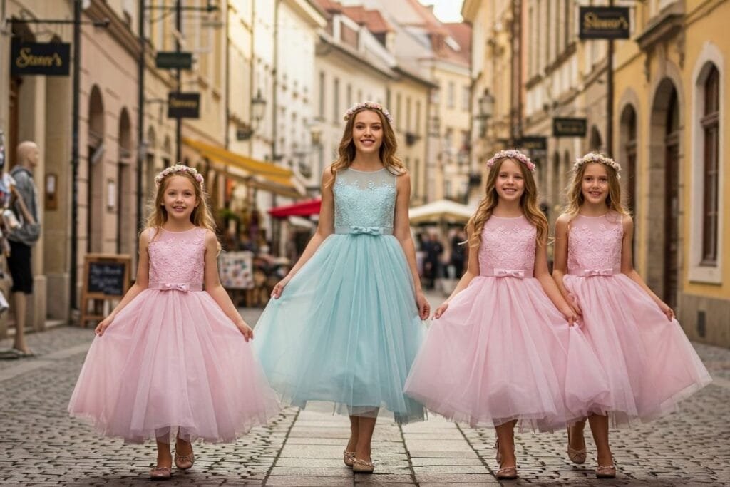 girls dressed in pretty flower girl dresses