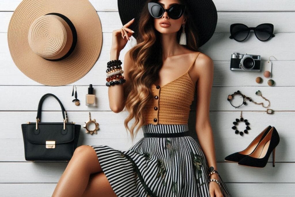 A stylish woman surrounded by fashion accessories