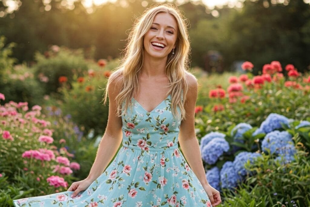 A woman dressed in a floral summer dress