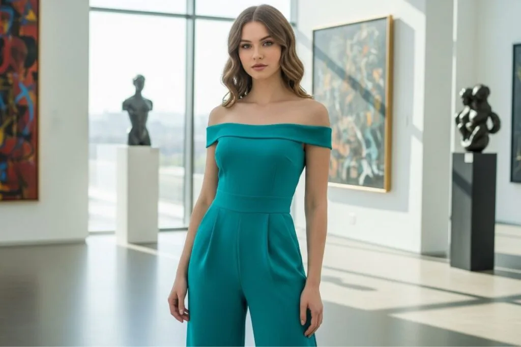 A woman dressed in an off shoulder Jumpsuit