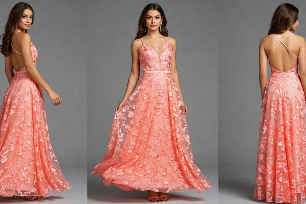 A woman in pretty peach dress