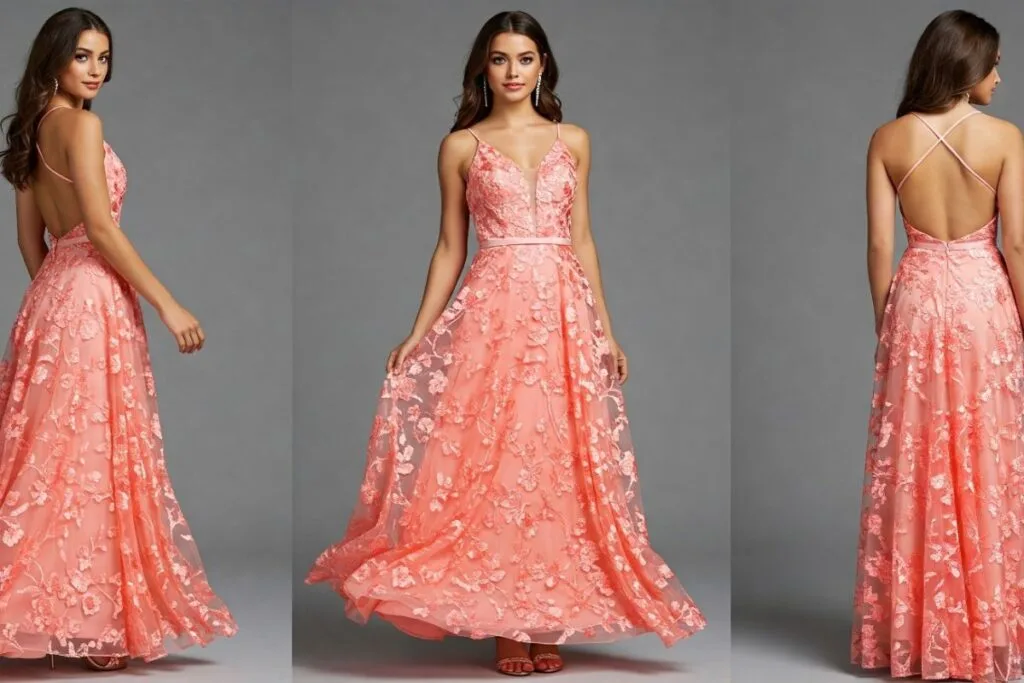 A woman in pretty peach dress