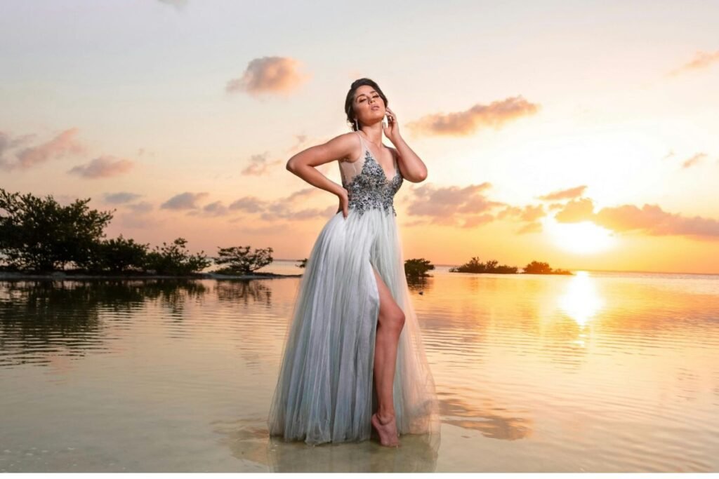 A woman wearing an elegant dress