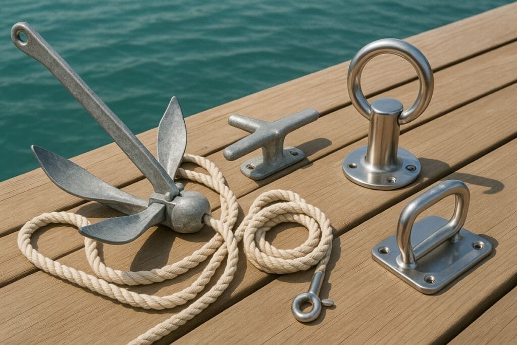 Various boat docking and anchoring hardware, including an anchor, cleat, bollard, and D-ring, displayed on a wooden dock by the water.