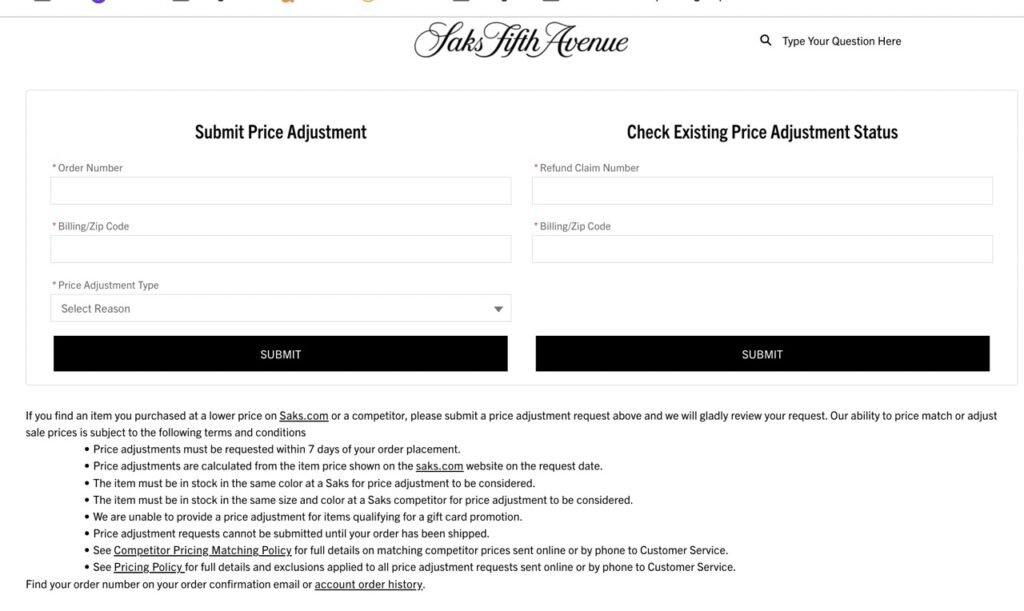 Saks fifth avenue return policy. Saks Fifth avenue Price adjustment page