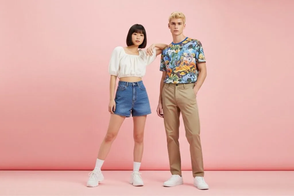 A couple dressed in funky and casual clothes