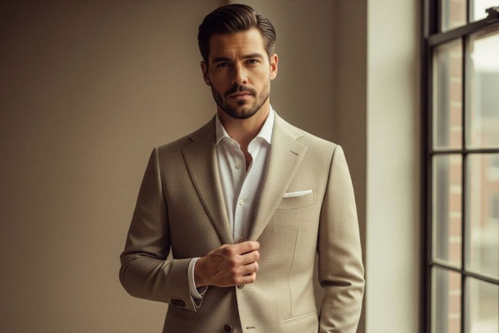 A man looking classy in a Beige colour formal wear