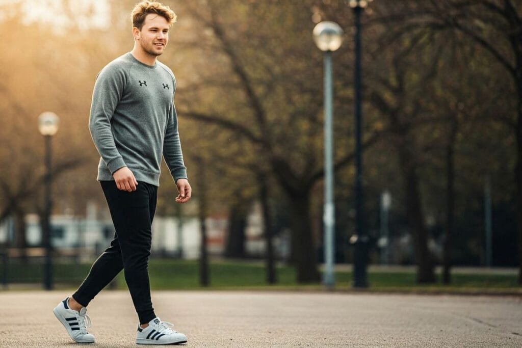 A man wearing stylish and comfortable Adidas sneakers