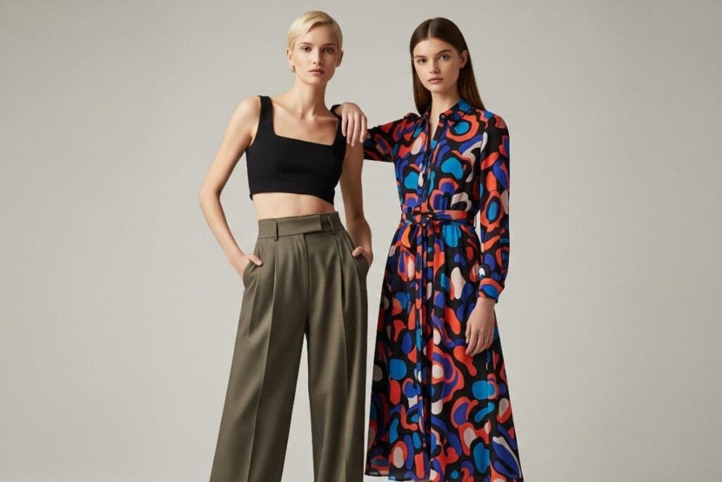 A woman dressed in Olive Trousers from mango
