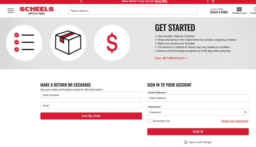 Scheels returns page