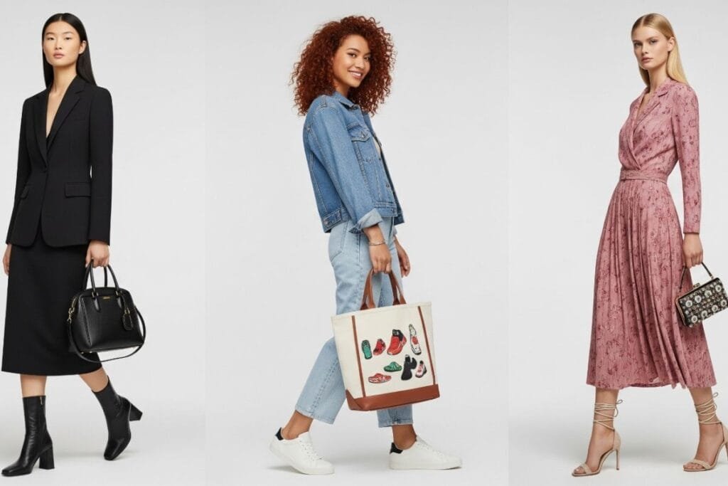 Three women dressed in stylish clothes