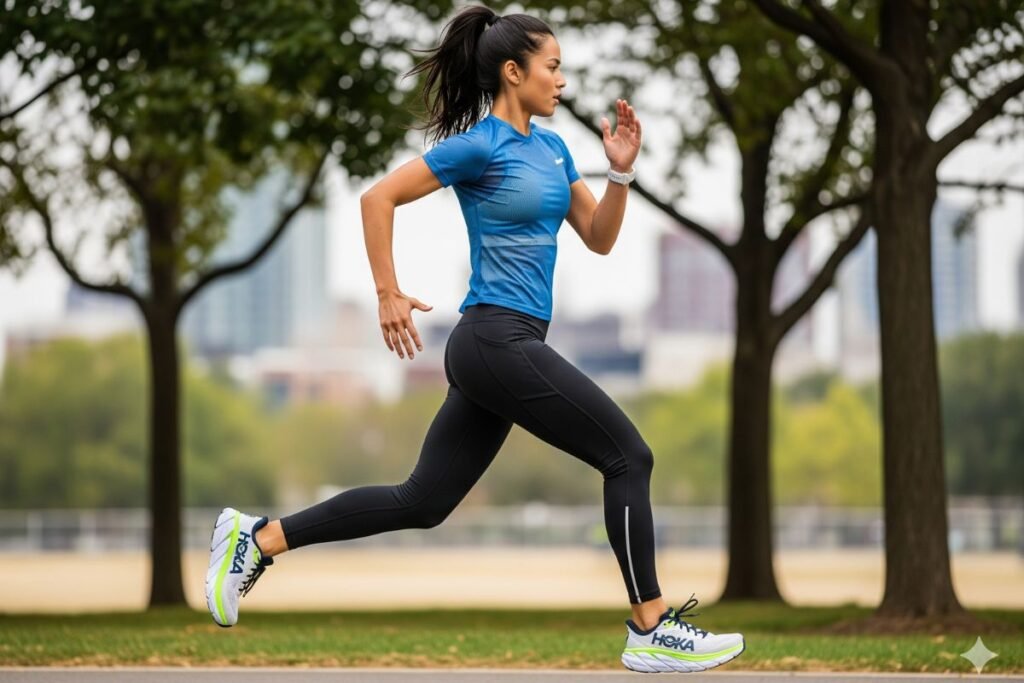A woman wearing sportswear and HOKA shoes running in a park