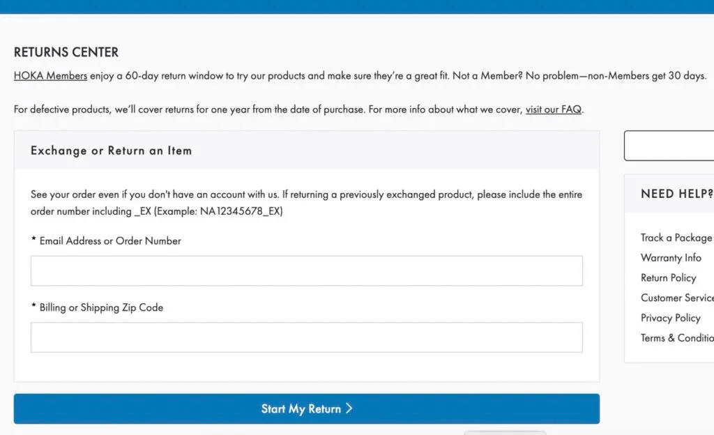 Hoka returns page