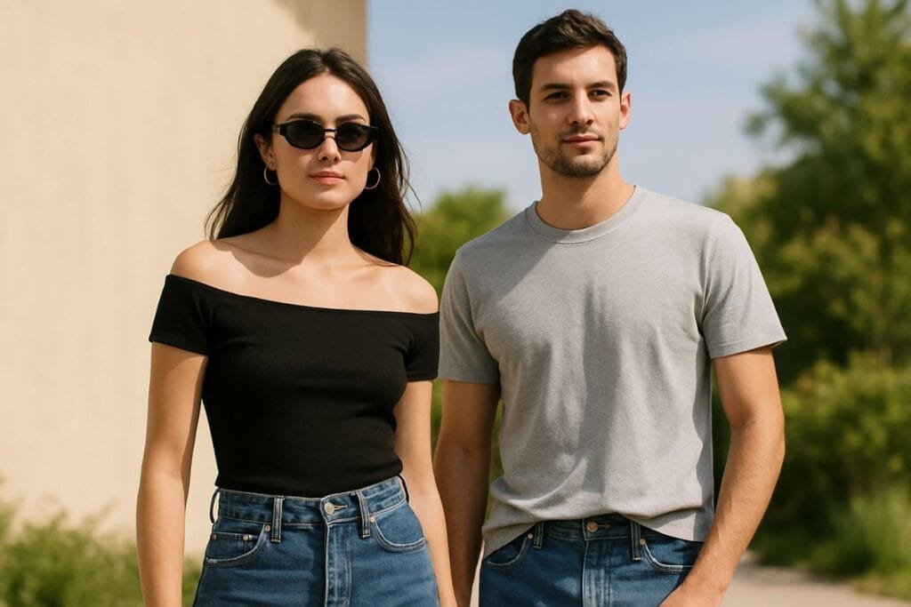 Man and woman in casual outfits standing outdoors.