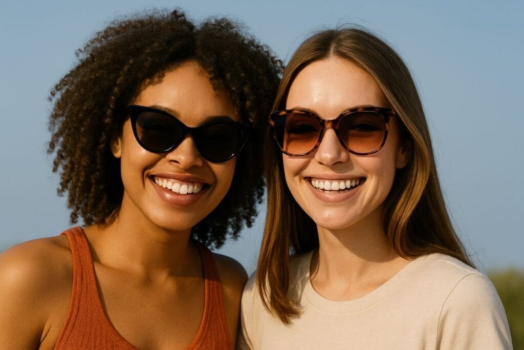 Two smiling women wearing stylish sunglasses outdoors