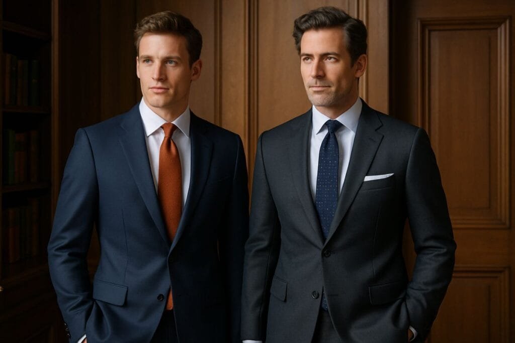 Two men in tailored formal suits standing in a wood-paneled room, exuding a polished and professional look.