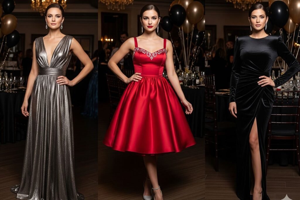 A dazzling trio of models in elegant, distinct party dresses