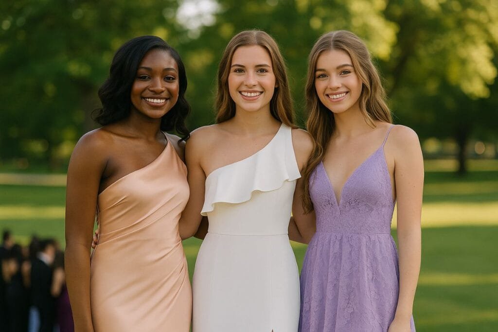 Three girls wearing elegant and stylish dresses at a prom