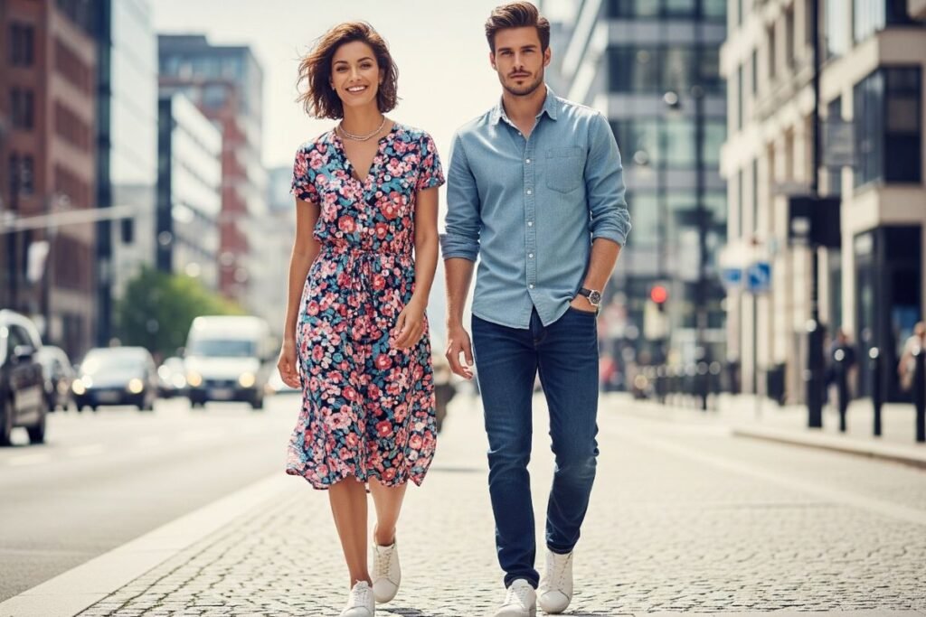 A couple dressed in smart casual clothing from Shein