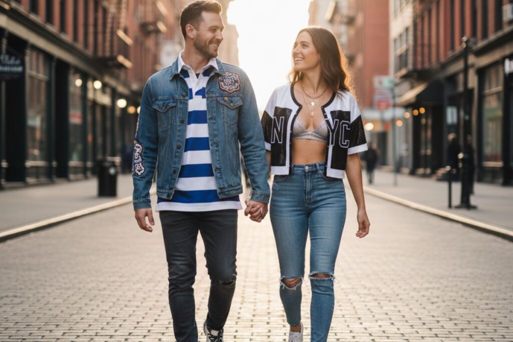 A man and a woman wearing trendy outfits from Lands End walk hand-in-hand on a sunlit city street