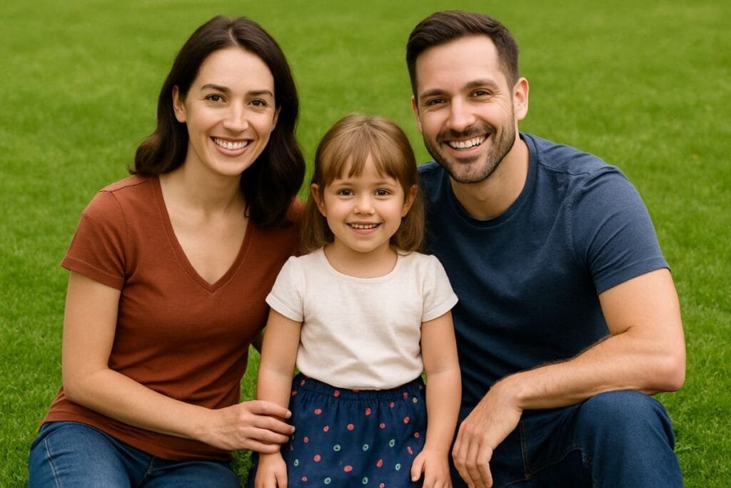 Family in casual Kohl’s outfits on a sunny lawn.