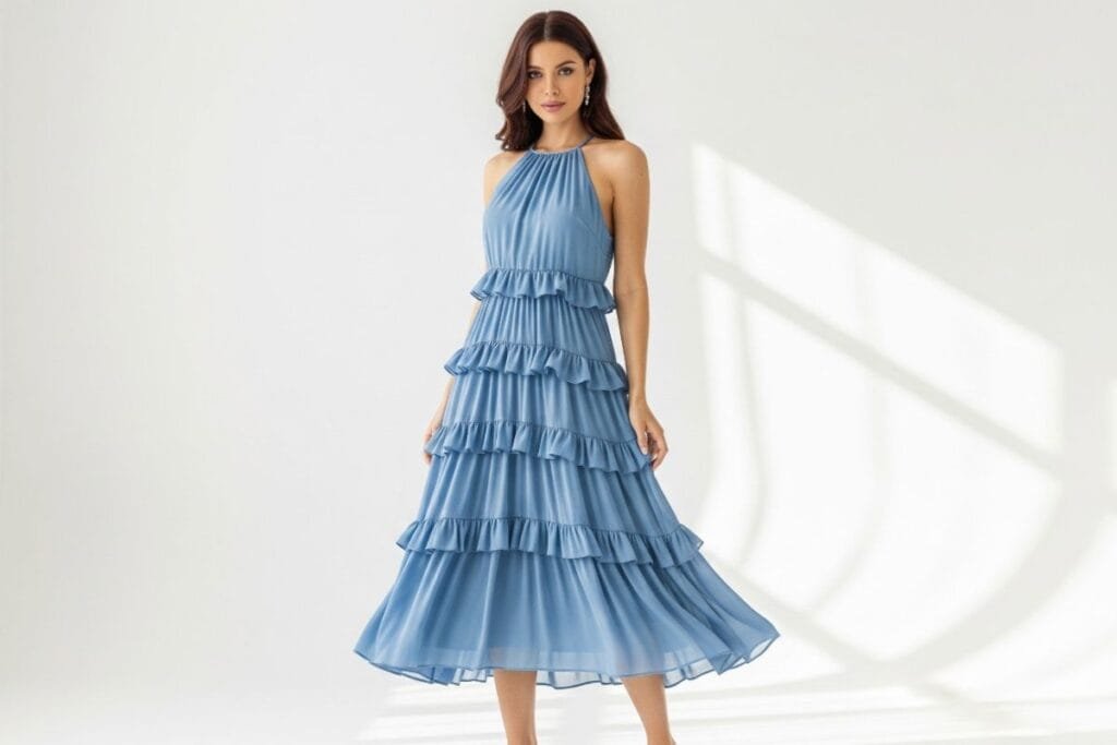 Woman dressed in a blue halter neck tiered dress