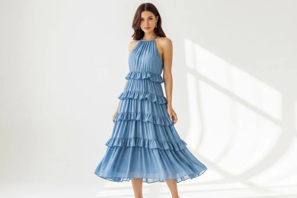 Woman dressed in a blue halter neck tiered dress