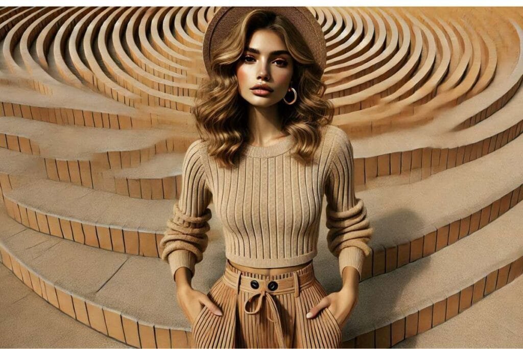 A woman Dressed in a brown color knitted crop top.