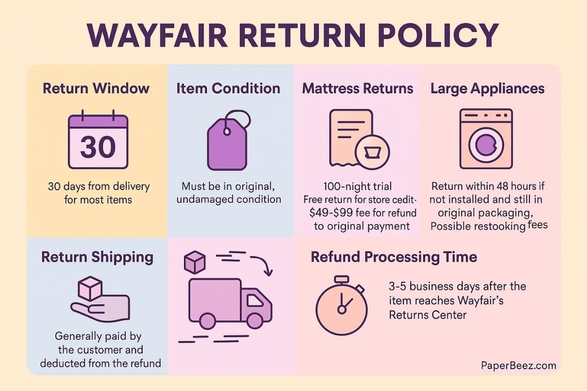 Inforgraphic explaining the overview of Wayfair return policy
