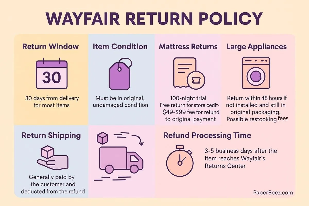 Inforgraphic explaining the overview of Wayfair return policy