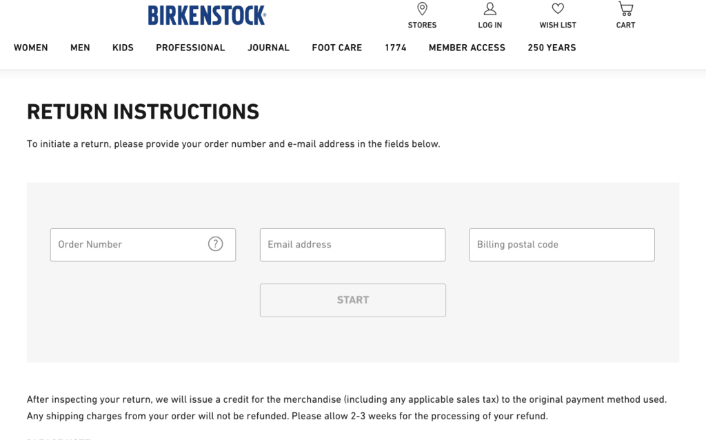 Birkenstock online returns page