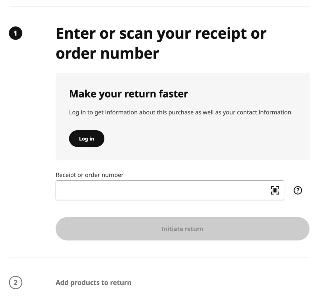 Ikea return page to start a return online