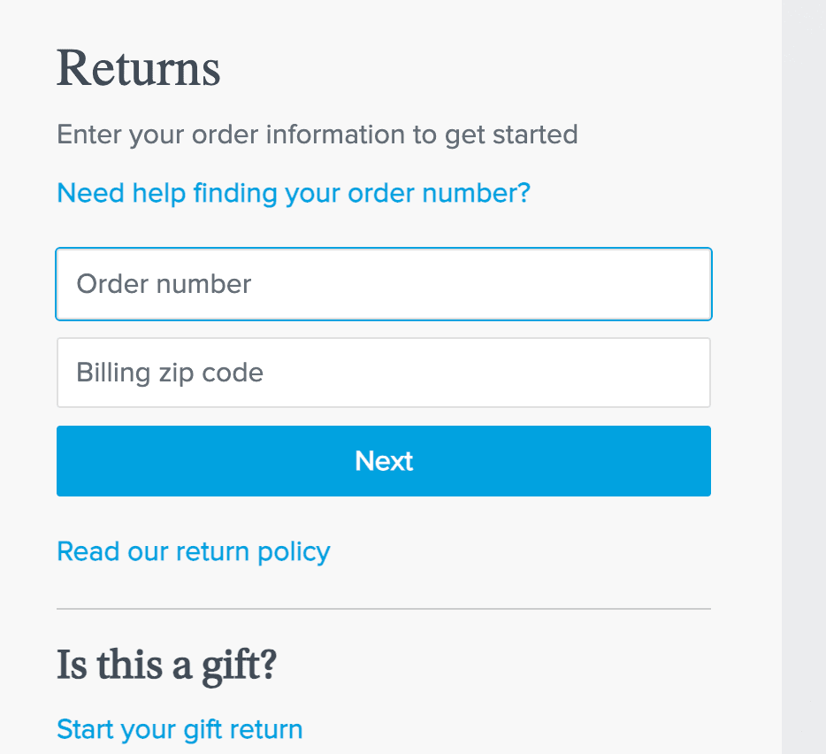 warby parker returns page