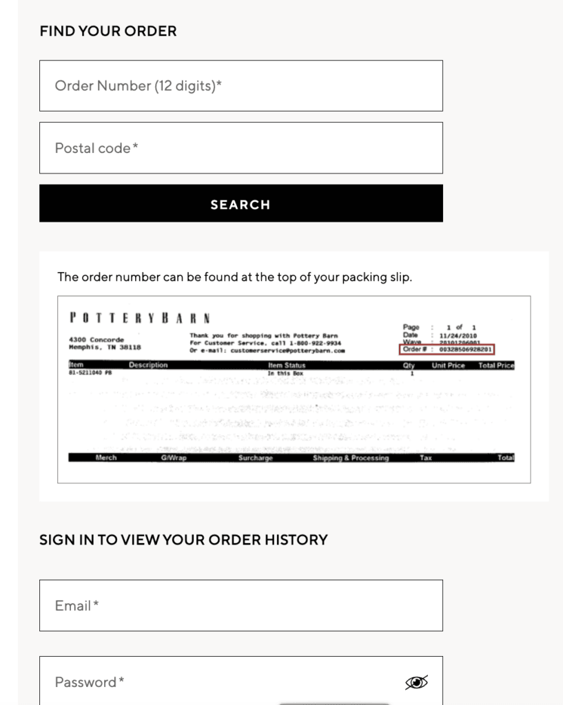 pottery barn returns page