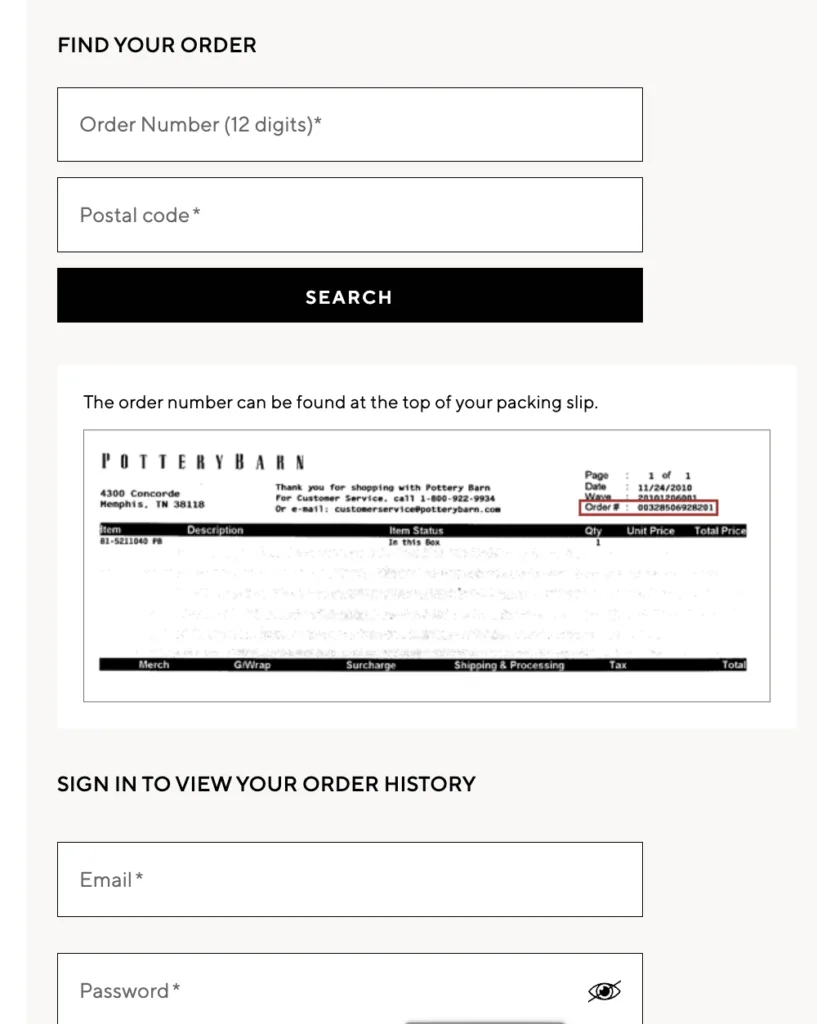 pottery barn returns page