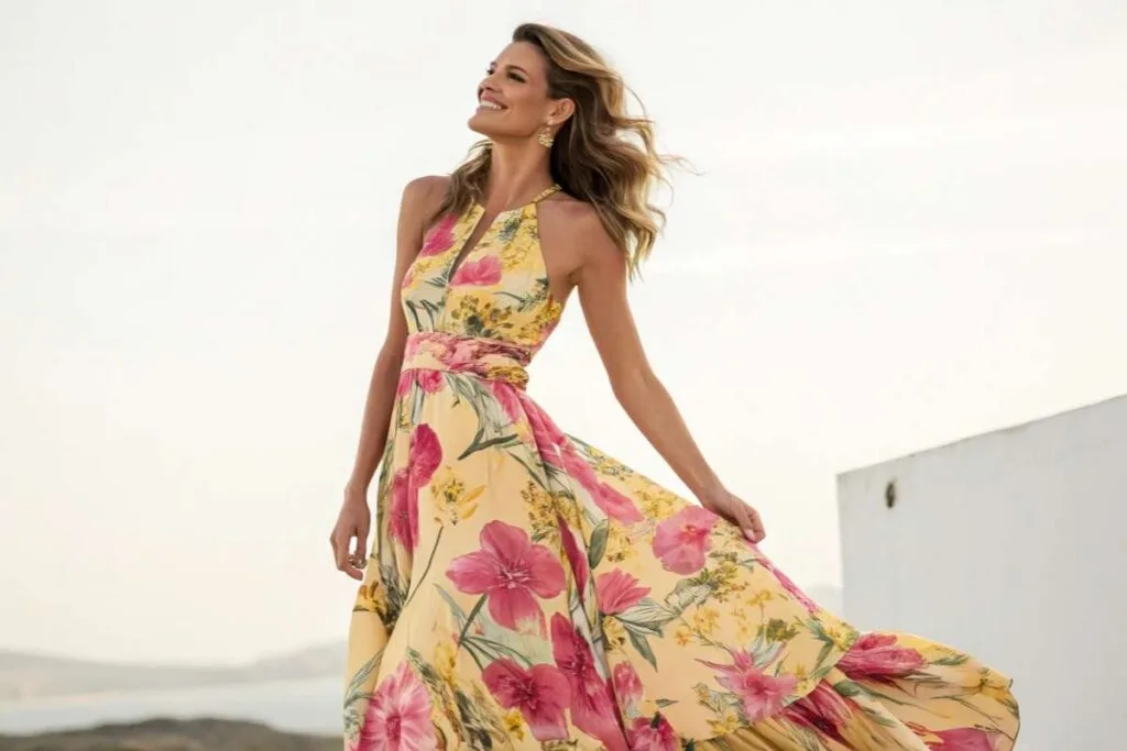 Woman in a Haulter neck floral dress