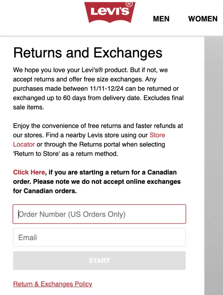 Levi's return and exchange page for non-Red Tab members.