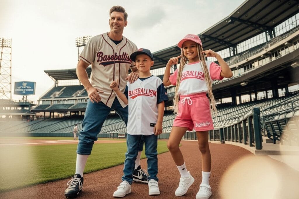 Father with his kids modelling for baseballism clothes in stadium