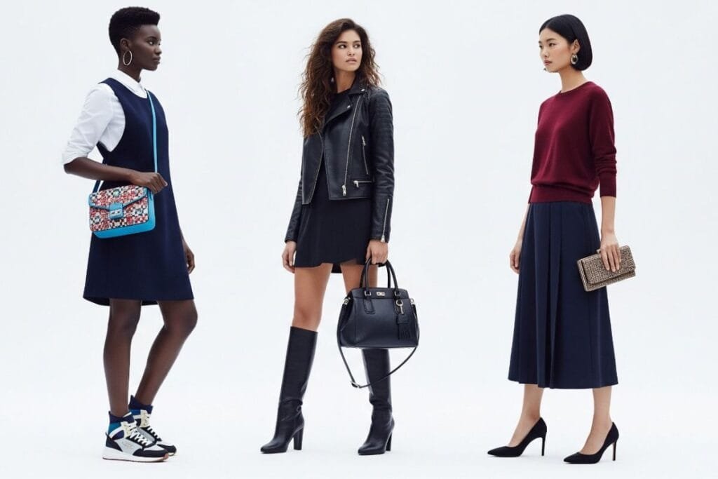 Girls dressed in stylish outfits, holding bags of various styles