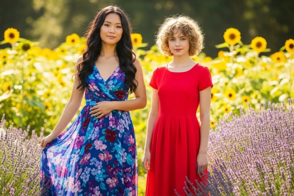 Two women walking in the field in their vibrant dresses